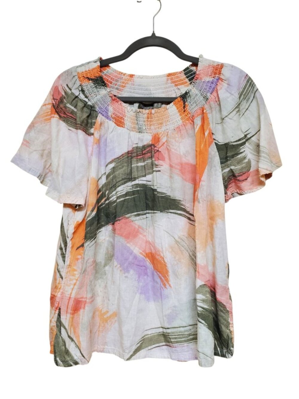 D&Co Naturals Beige Watercolor Print Linen Blend Flutter Sleeve Smocked Top S